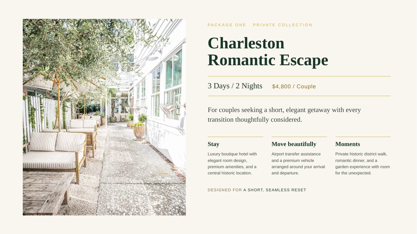 Charleston · Southern Elegance Romance Journey — brochure page