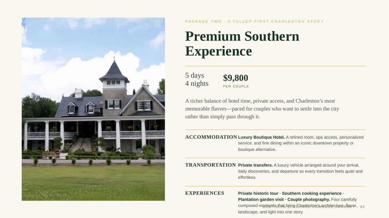 Charleston · Southern Elegance Romance Journey — brochure page