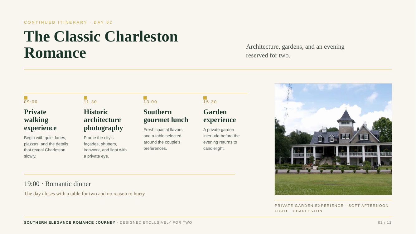 Charleston · Southern Elegance Romance Journey — brochure page