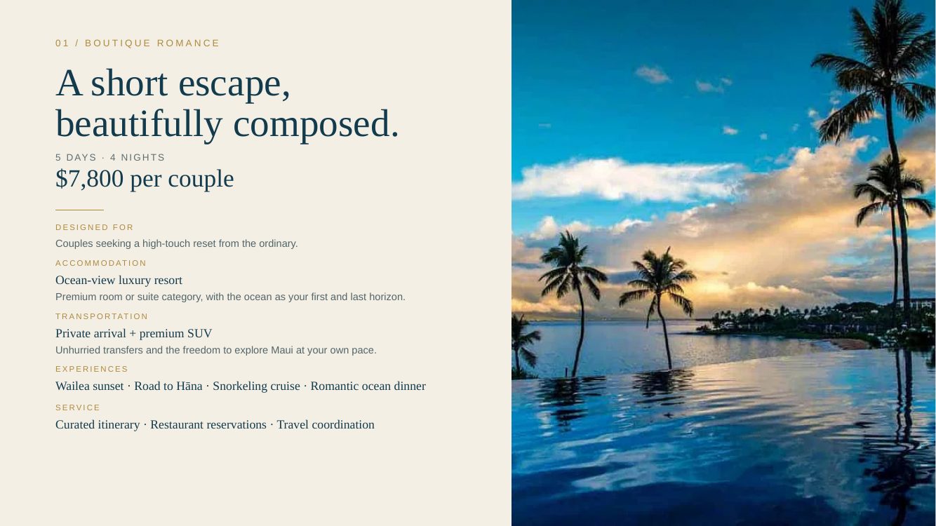 Hawaii · Island Romance, Maui + Kauaʻi — brochure page