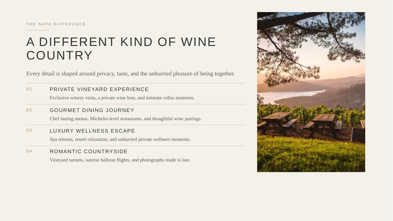 Napa Valley · Luxury Wine & Romance Journey — brochure page