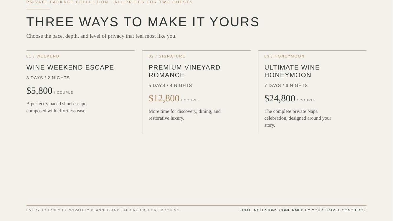 Napa Valley · Luxury Wine & Romance Journey — brochure page