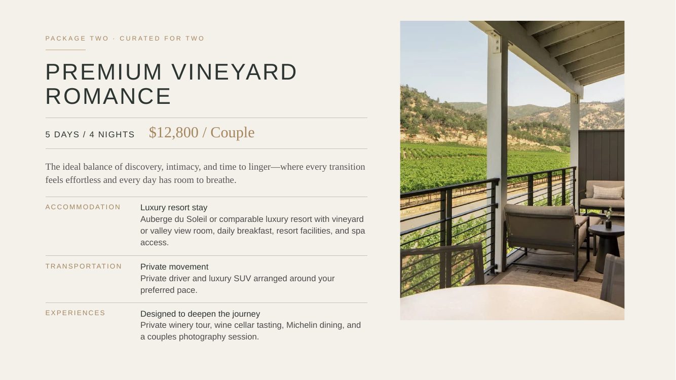 Napa Valley · Luxury Wine & Romance Journey — brochure page