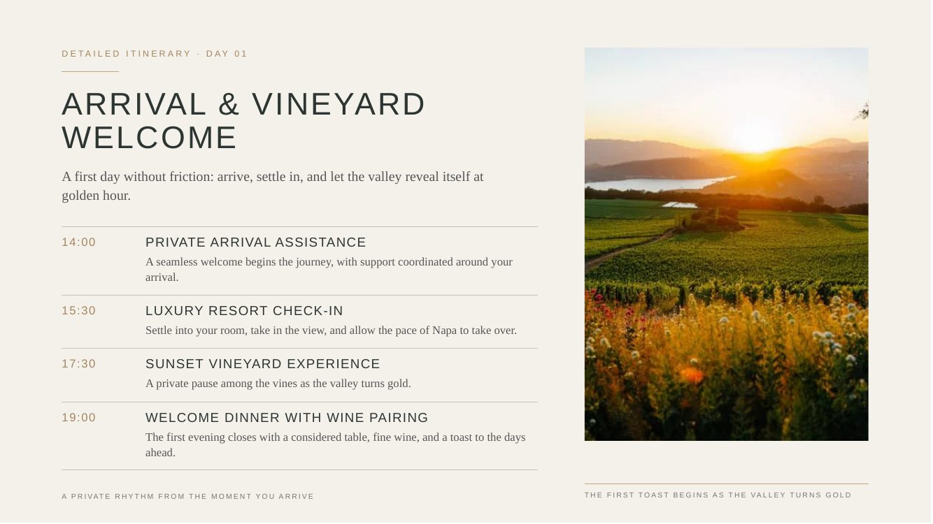 Napa Valley · Luxury Wine & Romance Journey — brochure page