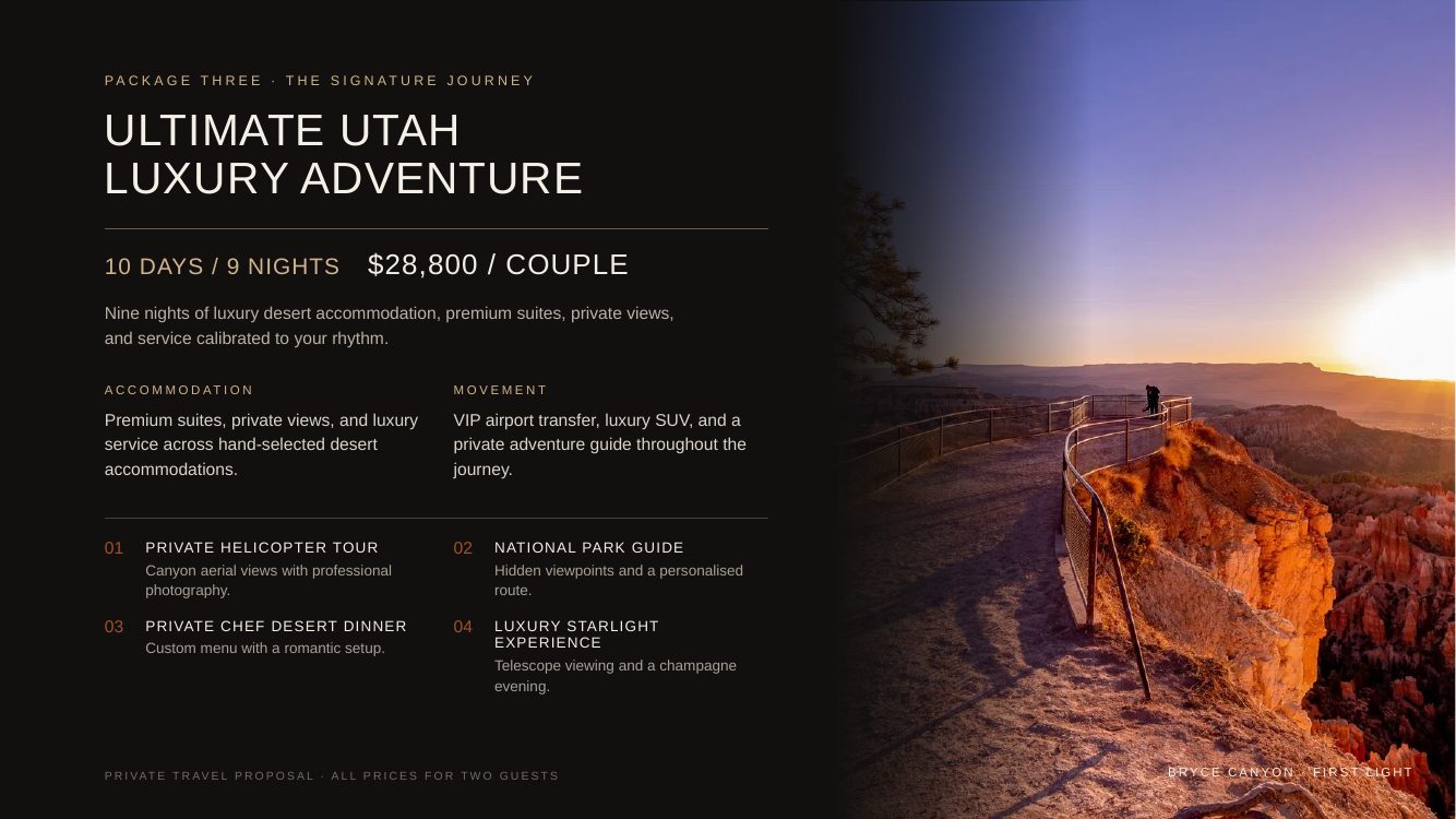 Utah National Parks · Luxury Desert Adventure Romance — brochure page